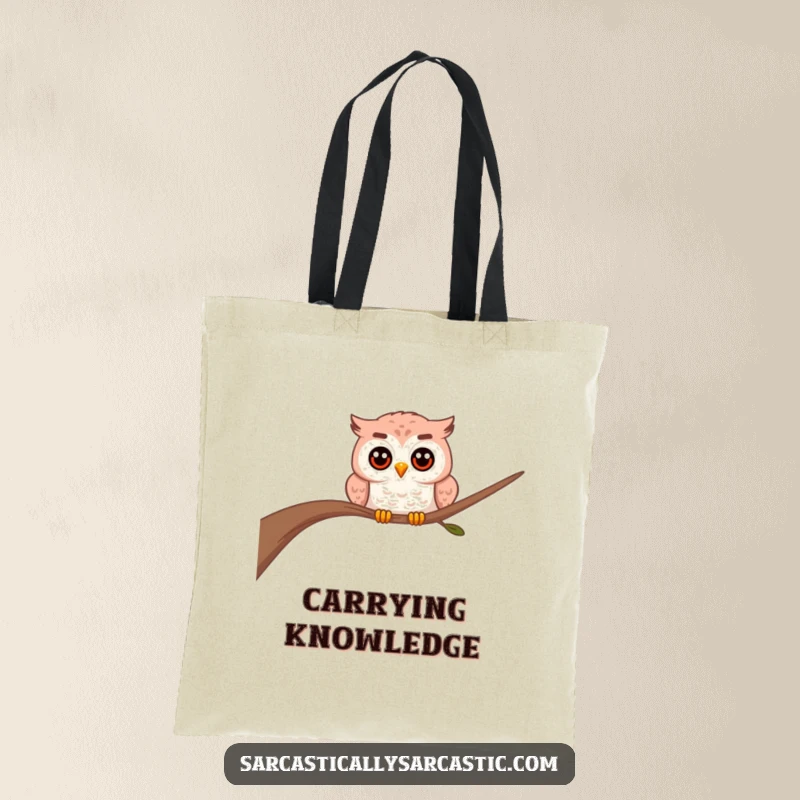 Funny owl tote bag with a curious owl peeking from behind a branch, showcasing its inquisitive nature.