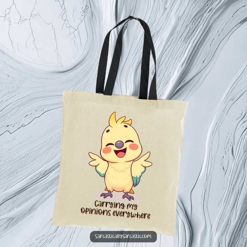 Funny parrot tote bag with a cheerful bird performing a hilarious, mimicked gesture, perfect for stylishly carrying items with humor.