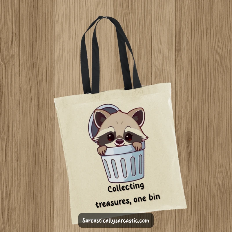 Funny tote bag featuring a cheerful raccoon peeking from a trash can with a mischievous smirk, perfect for carrying essentials with resourcefulness.
