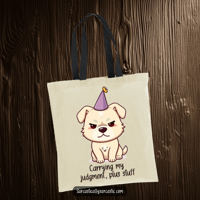 Funny dog tote bag with a sarcastic dog wearing a small party hat, showcasing a mischievous, sly smirk.