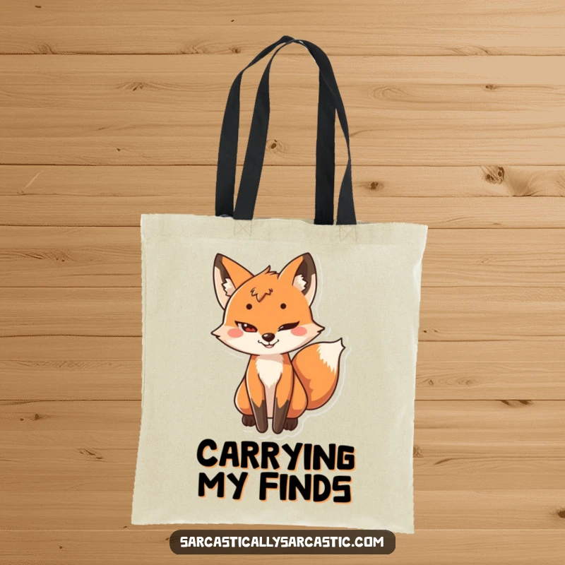 Funny tote bag featuring a playful fox with a sly grin and its tail subtly wagging, indicating clever intent.