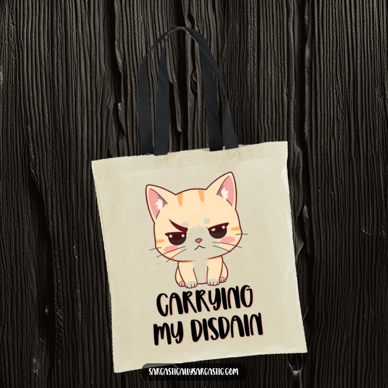 Funny unimpressed cat tote bag featuring a cat with one raised eyebrow, exuding skepticism and unimpressed attitude, great for everyday use.
