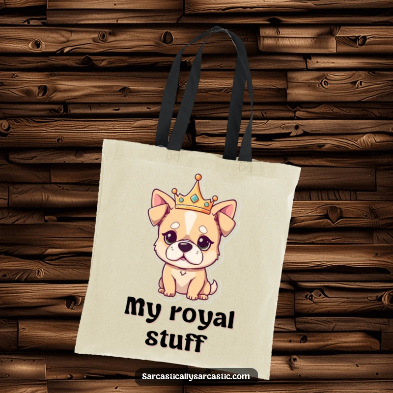 Funny Tote Bag showing a kawaii dog with a tiny crown, wearing an unimpressed expression, perfect for carrying necessities with regal sass.