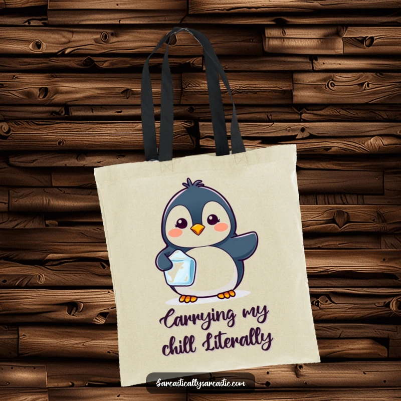 Funny tote bag showcasing a cute kawaii penguin with a tiny smirk, holding a single, frosty ice cube.