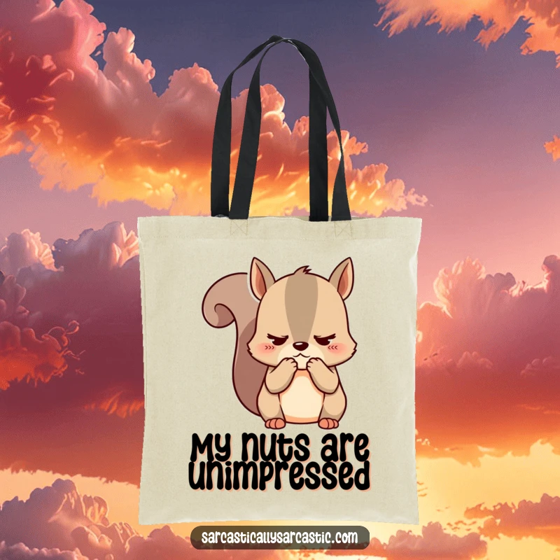 Funny kawaii squirrel tote bag, showcasing a cute character clutching cheeks with a universally unimpressed expression.