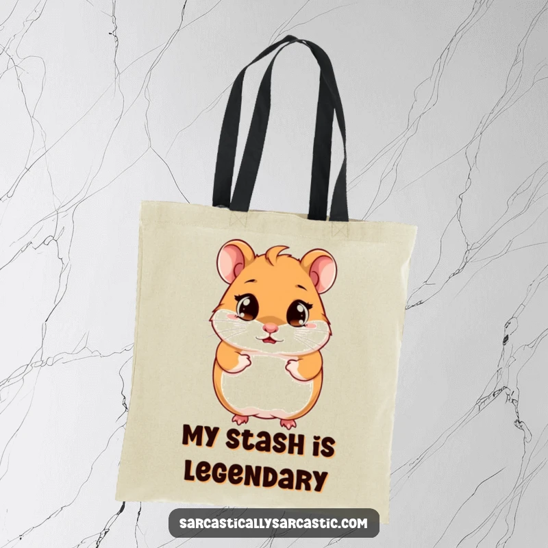 Funny hamster tote bag displaying a cute hamster with a knowing smirk and bright, observant eyes, ready for errands.