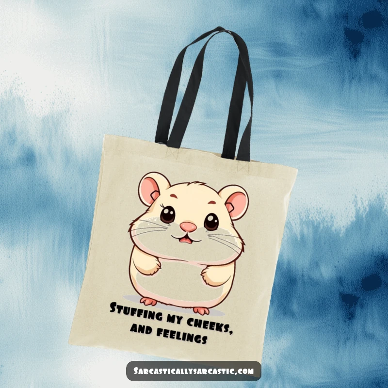 Funny tote bag featuring a cute hamster with a tiny, knowing smirk and observant eyes, perfect for carrying essentials with adorable intelligence.